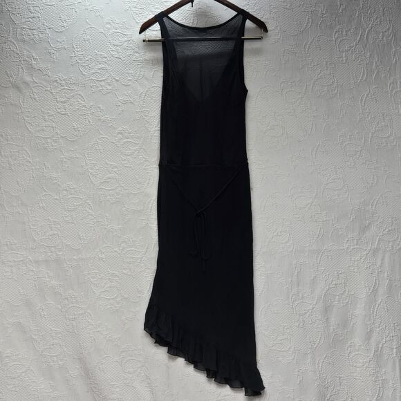 Sexy Sheer Little Black Dress Emily D Small Low Cowl Asymmetric Ruffle Skirt Tie - Picture 9 of 15